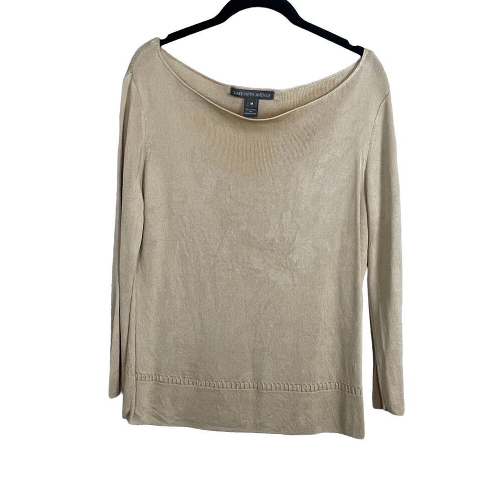Saks Fifth Avenue Silk Off Shoulder Sweater M Tan Minimal Old Money Quiet Luxury